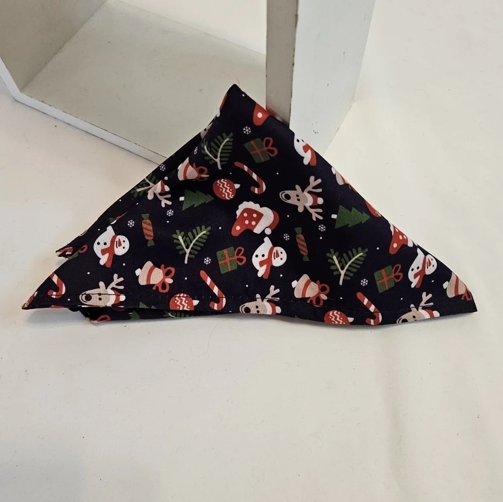 Upcycled Christmas Dog Bandana Tie up in the front blue background pets